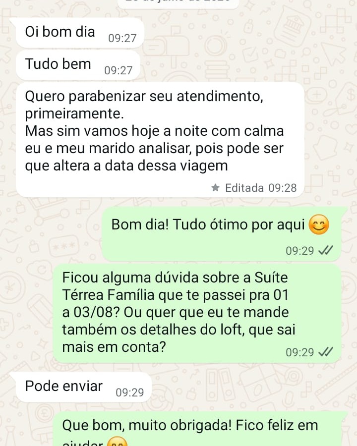 Conversa de WhatsApp sobre acomodação para família e continuidade do atendimento, sem dados de contato