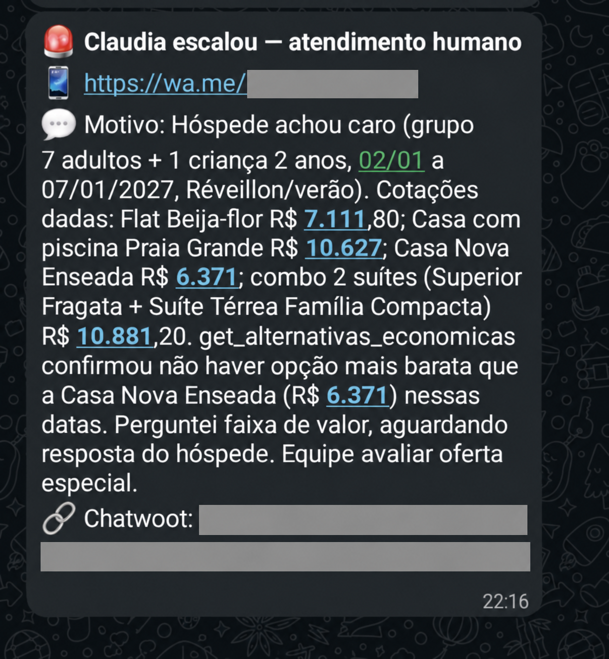 Aviso real à equipe sobre uma consulta, com valores e datas preservados